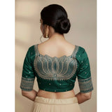 Women's Vichitra Silk V Neck Padded Blouse (D-Green, 38 Ready Size (Self-Alterable 36–40)