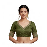 Women's Vichitra Silk V Neck Padded Blouse (Green, 38 Ready Size (Self-Alterable 36–40)