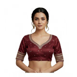 Women's Vichitra Silk V Neck Padded Blouse (Maroon, 38 Ready Size (Self-Alterable 36–40)