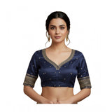 Women's Vichitra Silk V Neck Padded Blouse (Navy, 38 Ready Size (Self-Alterable 36–40)