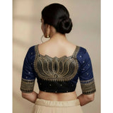 Women's Vichitra Silk V Neck Padded Blouse (Navy, 38 Ready Size (Self-Alterable 36–40)