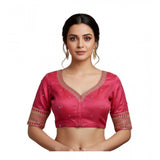 Women's Vichitra Silk V Neck Padded Blouse (Pink, 38 Ready Size (Self-Alterable 36–40)