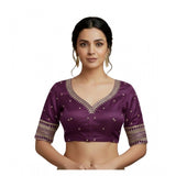 Women's Vichitra Silk V Neck Padded Blouse (Purple, 38 Ready Size (Self-Alterable 36–40)