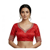Red vichitra silk v-neck padded blouse with embroidery and sequences (self-alterable 36-40)