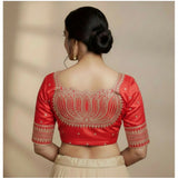 Women's Vichitra Silk V Neck Padded Blouse (Red, 38 Ready Size (Self-Alterable 36–40)