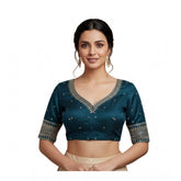 Teal vichitra silk blouse with embroidery and sequences, padded V neck and short sleeves for women (38 ready size, self-alterable 36-40)