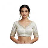 Women's Vichitra Silk V Neck Padded Blouse (White, 38 Ready Size (Self-Alterable 36–40)