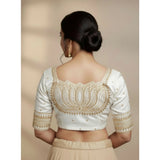 Women's Vichitra Silk V Neck Padded Blouse (White, 38 Ready Size (Self-Alterable 36–40)