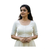 White cambric cotton round neck padded blouse with short sleeves, stitched embroidery chain stitch detail, self-alterable 36-40 ready size for women