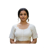 White cambric cotton round neck padded blouse (38 ready size, self-alterable 36-40), embroidery chain stitch design