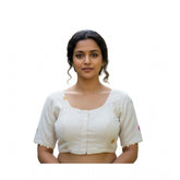 White cambric cotton round neck padded blouse with short sleeves and embroidery chain stitch pattern, self-alterable ready size 38 (also fits 36-40)