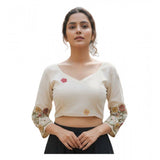 Women's Cambric Cotton Round Neck Padded Blouse (White, 38 Ready Size (Self-Alterable 36–40)