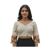 White cambric cotton round neck padded blouse (self-alterable 36-40), embroidery chain stitch detailing, short sleeves for women