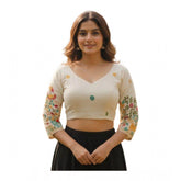 White cambric cotton padded blouse with short sleeves, round neck, and embroidery chain stitch pattern (self-alterable 36–40 ready size)