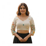 Women's Cambric Cotton Round Neck Padded Blouse (White, 38 Ready Size (Self-Alterable 36–40)