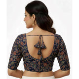 Women's Ajrakh Cotton Round Neck Padded Blouse (Navy, 38 Ready Size (Self-Alterable 36–40)