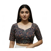 Navy Ajrakh cotton round neck padded blouse (self-alterable 36-40) - traditional Indian print on short sleeved women's stitched blouse