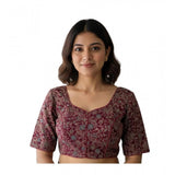 Women's Ajrakh Cotton Round Neck Padded Blouse (Purple, 38 Ready Size (Self-Alterable 36–40)