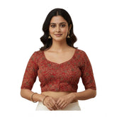 Ajrakh cotton round neck padded blouse (red), self-alterable 36-40 size, traditional Indian print on women's stitched short-sleeved top