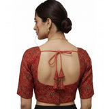 Women's Ajrakh Cotton Round Neck Padded Blouse (Red, 38 Ready Size (Self-Alterable 36–40)