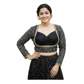 Black rayon padded blouse with Sabyasachi style round neck and long sleeves, mirror work pattern