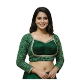 Green Rayon padded blouse with Sabyasachi style round neck, mirror work pattern, long sleeves