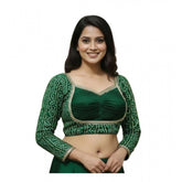 Green Rayon padded blouse with Sabyasachi-style round neck and long sleeves, mirror work pattern