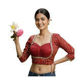 Maroon rayon padded blouse with mirror work, long sleeves and Sabyasachi style round neck - women's fashion accessory