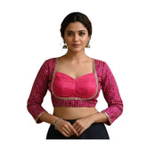 Women's pink rayon padded blouse with long sleeves and mirror work, Sabyasachi style round neck (38 ready size, self-alterable 36-40)