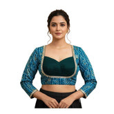 Sky-Blue Rayon padded blouse with mirror work, long sleeves and Sabyasachi Style round neck, women's wear (38 ready size, self-alterable 36-40)