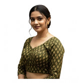 Olive Ajrakh cotton padded halter neck blouse with long sleeves, featuring traditional block print design for women (38 ready size, self-alterable 36–40)