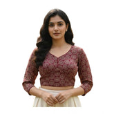 Maroon Ajrakh cotton halter neck padded blouse with long sleeves, traditional Ajrakh print on women