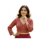 Red Ajrakh cotton padded halter neck blouse with long sleeves, self-alterable size 36-40 for women's fashion