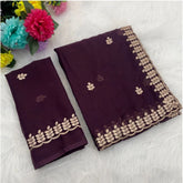 Wine Georgette embroidered saree with unstitched blouse (5.5mtr), intricate embroidery on traditional Indian attire