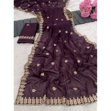 Wine Georgette embroidered saree with unstitched blouse, 5.5mtr - vibrant ethnic wear for women