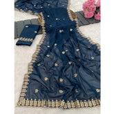 Blue georgette embroidered saree with unstitched blouse, 5.5mtr length for Indian women's traditional wear