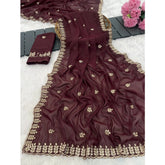 Maroon georgette embroidered saree with unstitched blouse (5.5Mtr), intricate patterns showcased on display