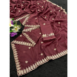 Maroon georgette embroidered saree with unstitched blouse, intricate design on display