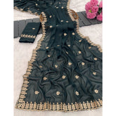 Teal Georgette embroidered saree with unstitched blouse, intricate pattern details