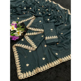 Teal georgette embroidered saree with unstitched blouse, intricate detailing