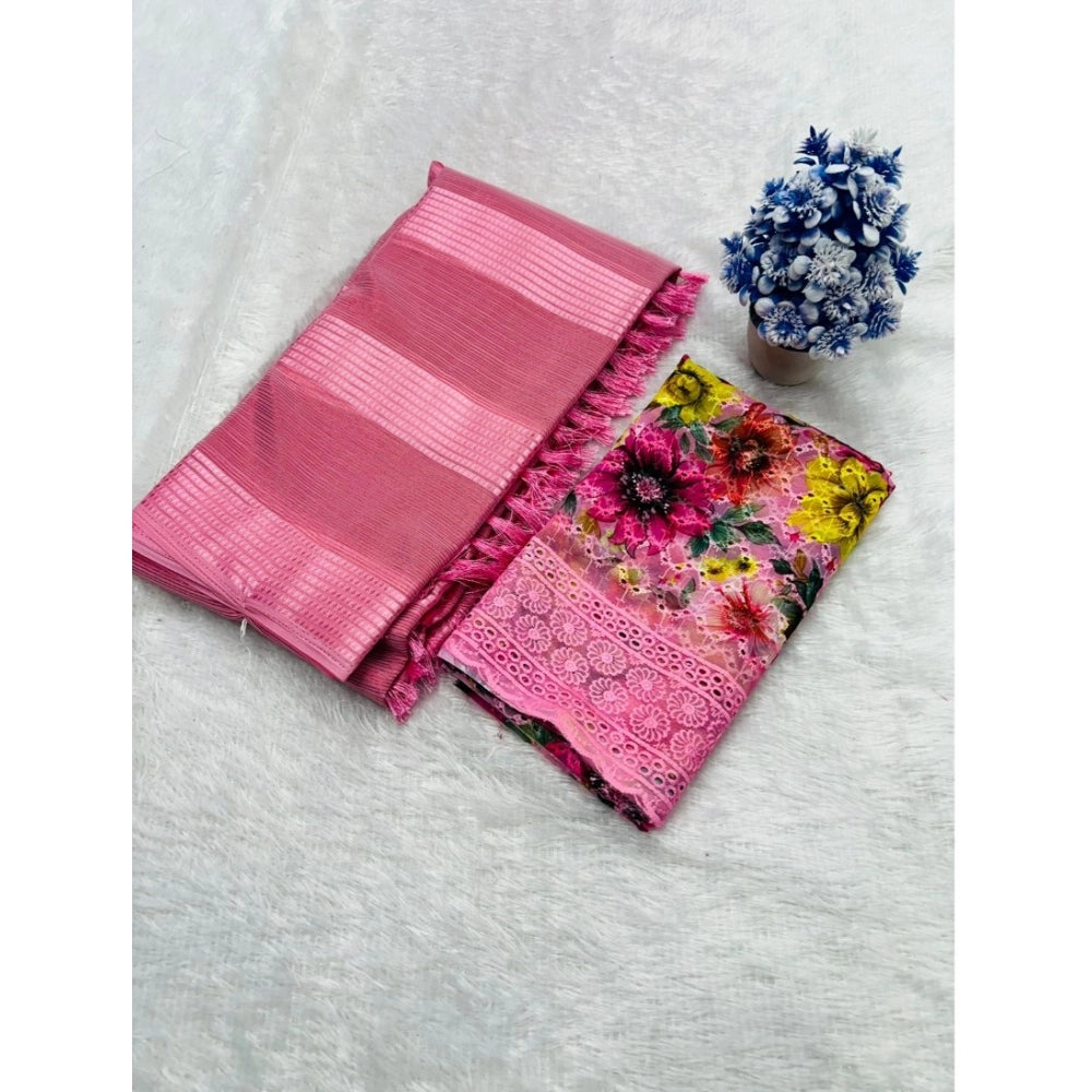Pink Georgette embroidered saree with unstitched blouse (5.5mtr), traditional Indian wear on mannequin