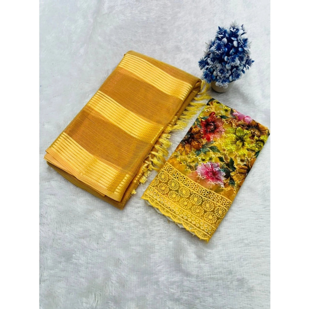 Yellow georgette embroidered saree with unstitched blouse (5.5mtr)