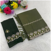 Mehendi Georgette embroidered saree with unstitched blouse (5.5Mtr) - Traditional Indian bridal wear