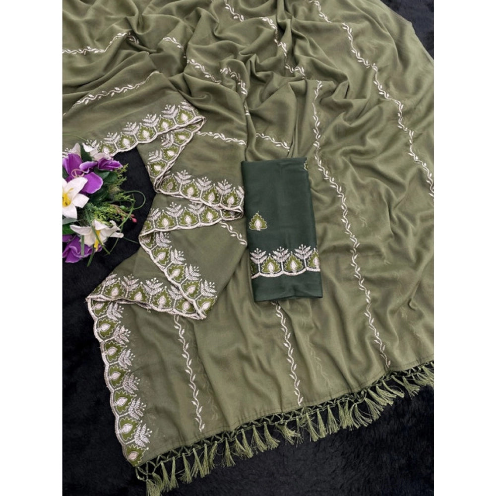 Mehendi Georgette embroidered saree with unstitched blouse (5.5Mtr), intricate embroidery on traditional Indian women's wear