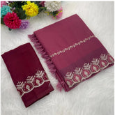 Pink Georgette embroidered saree with unstitched blouse (5.5Mtr), traditional Indian wear on hanger