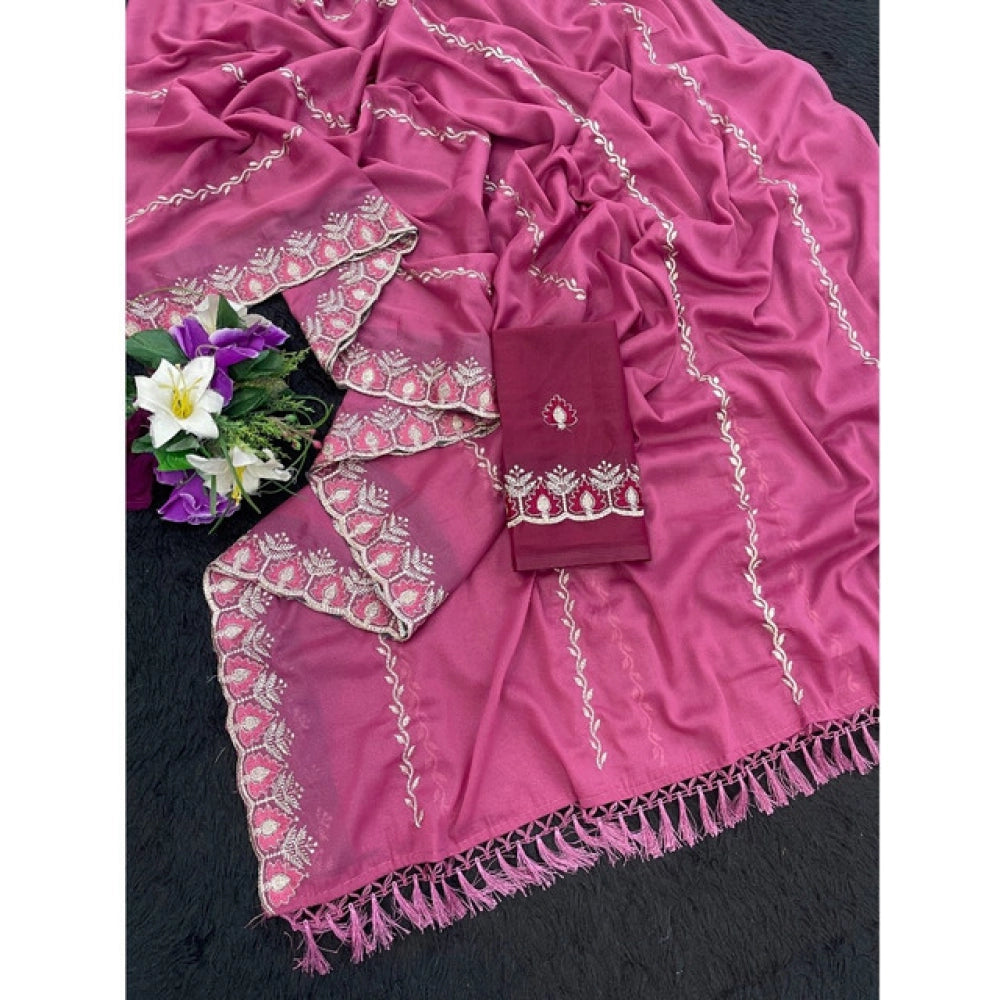 Pink Georgette embroidered saree with unstitched blouse (5.5mtr), traditional Indian attire for women