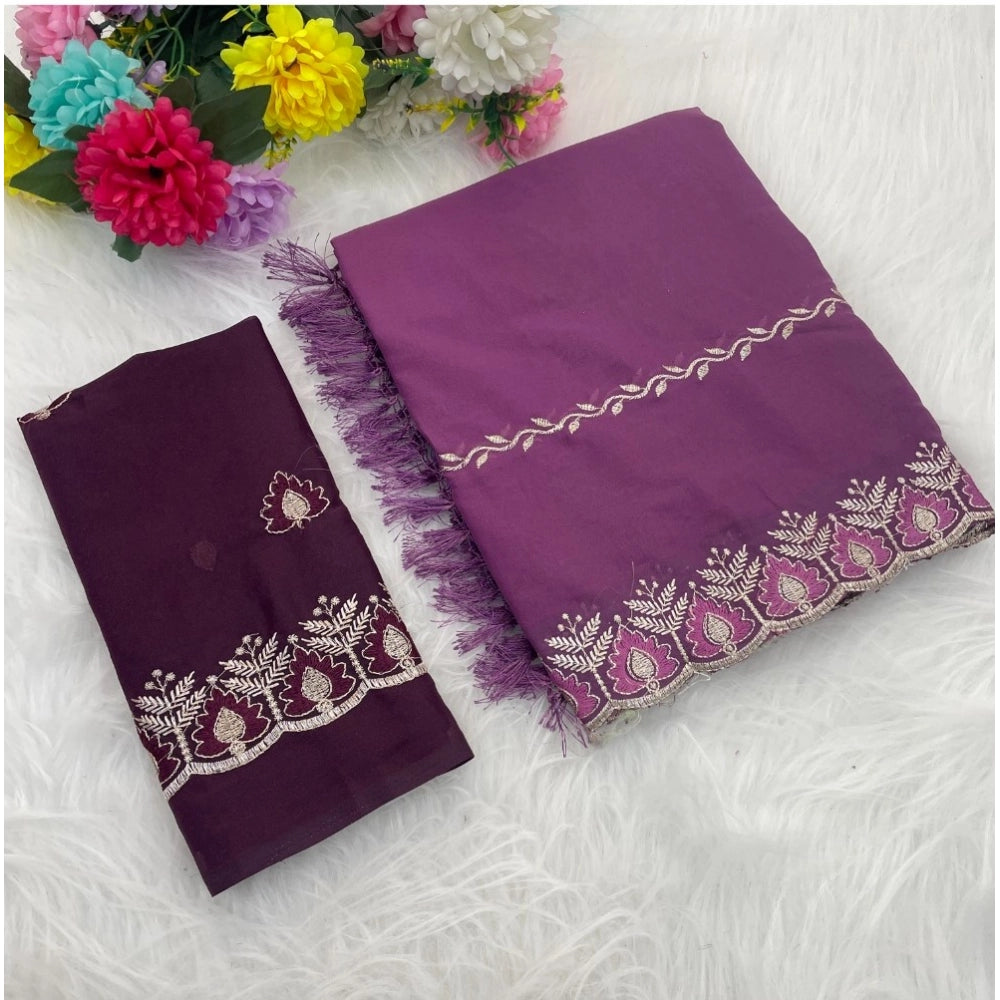 Purple Georgette embroidered saree with unstitched blouse, intricate patterns for traditional Indian wear
