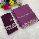 Purple Georgette embroidered saree with unstitched blouse (5.5mtr), traditional Indian attire on mannequin