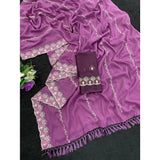 Purple georgette embroidered saree with unstitched blouse, intricate design for traditional Indian wear