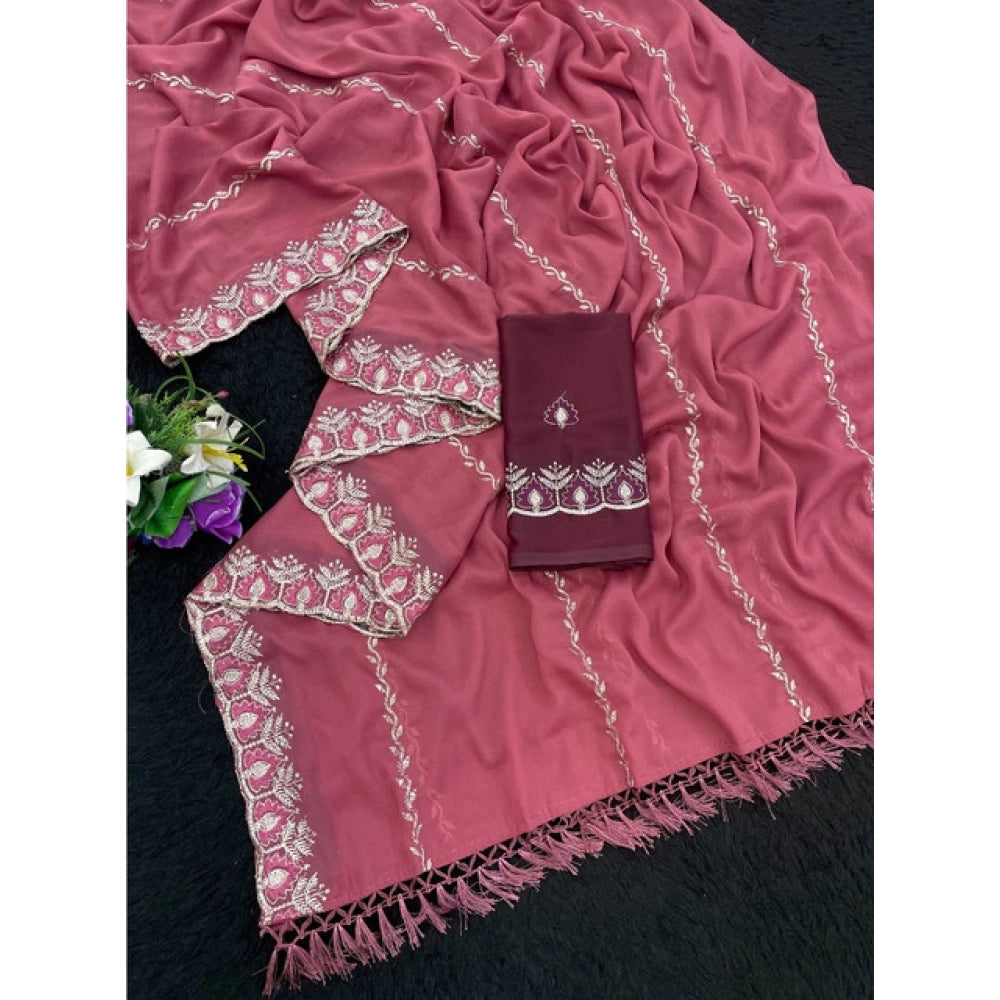 Red georgette embroidered saree with unstitched blouse (5.5Mtr), vibrant Indian wear on mannequin